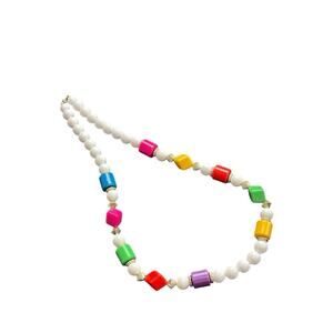 White Colorful Beaded Necklace 24 inches Fun Statement Jewelry Blue Green Pink